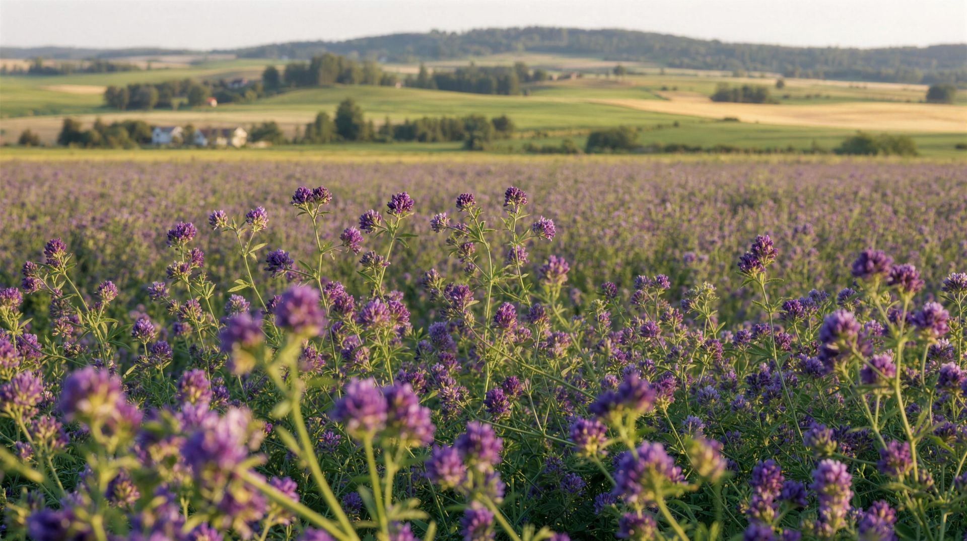 Kwitnący łan lucerny w gospodarstwie członka grupy na Mazurach