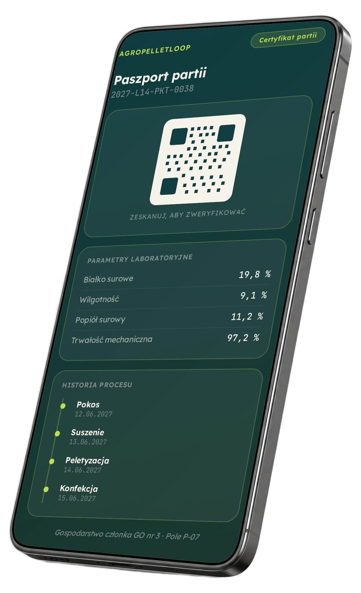 Ekran aplikacji: cyfrowy paszport partii z kodem QR